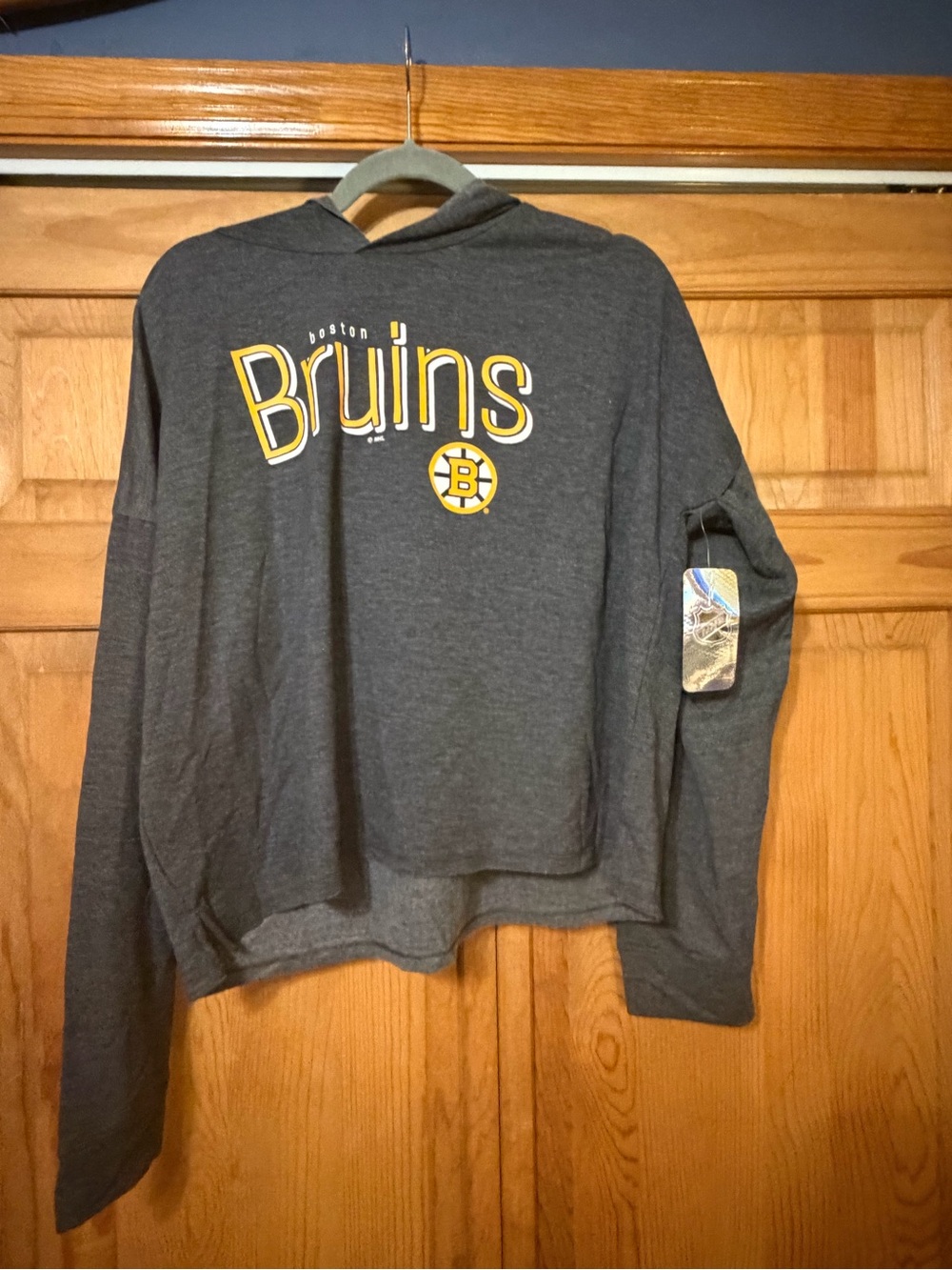 NHL Bruins Gray Hooded Long-Sleeve Sweatshirt with Yellow Logo